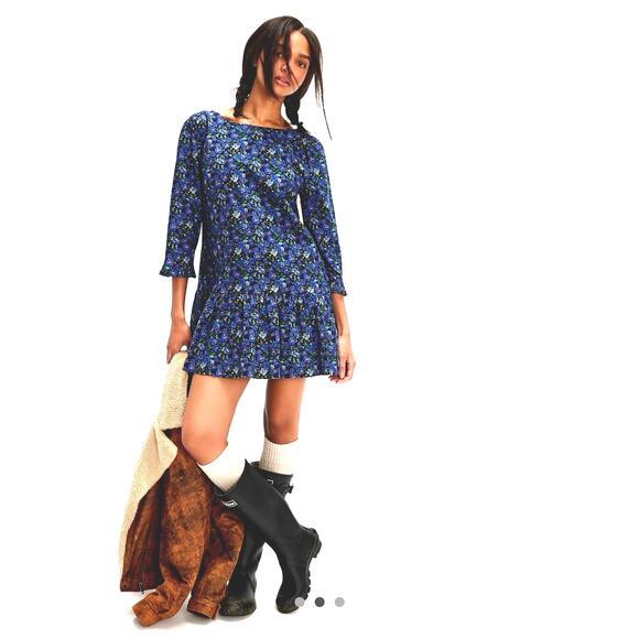 Free People The Avenue Mini Dress Floral Open Back Navy Combo size L - Picture 1 of 3